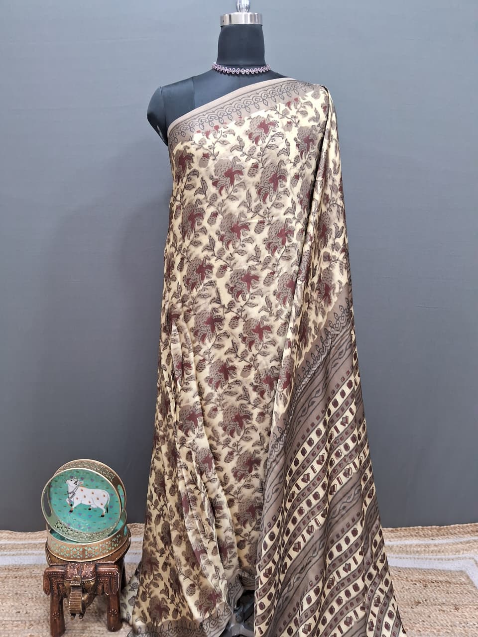 Cream Pure Modal Silk Traditional Saree