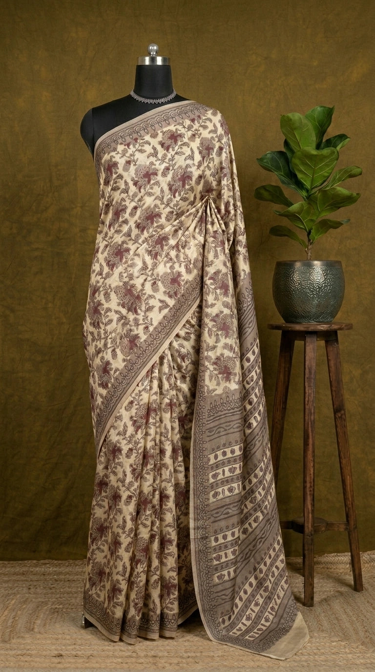 Cream Pure Modal Silk Traditional Saree