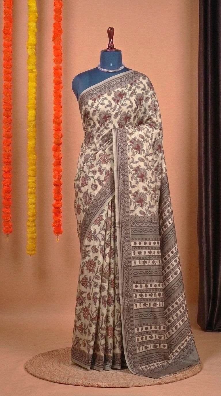 Cream Pure Modal Silk Traditional Saree