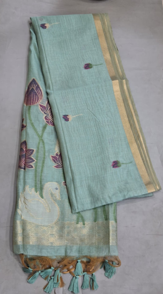 Seafoam green Munga Cotton Saree