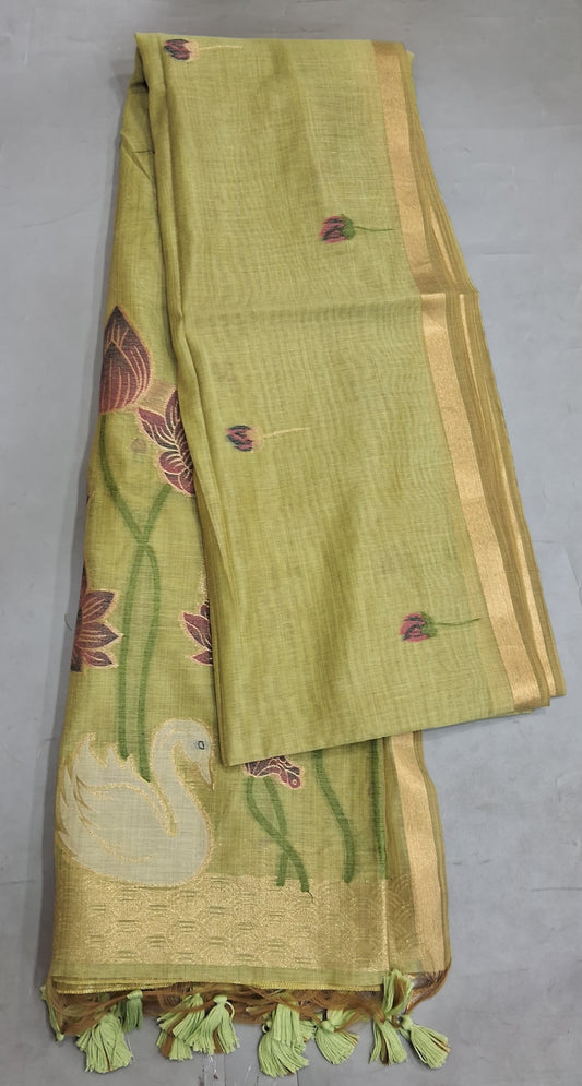 Lime green Munga Cotton Saree