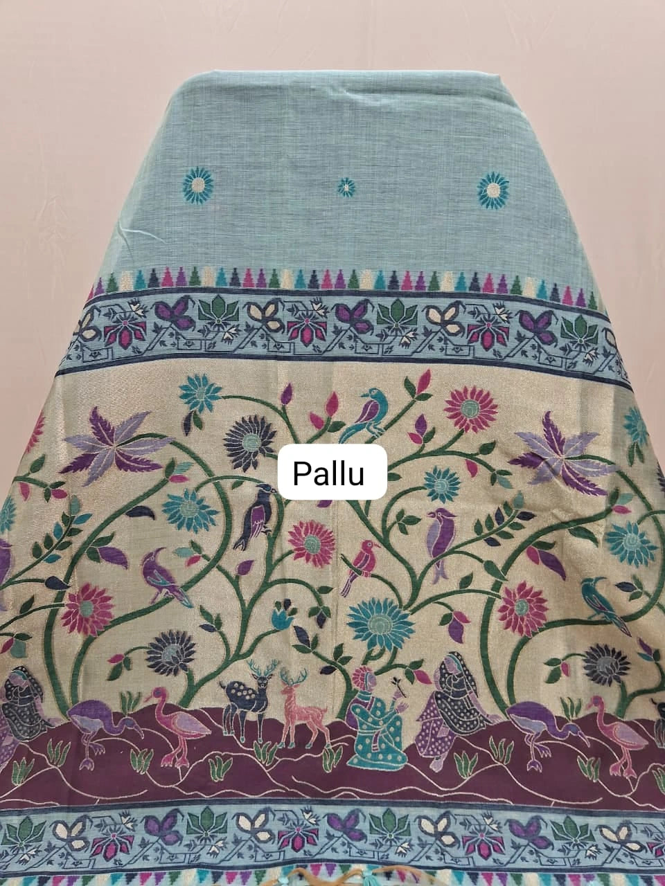 Marine Blue Munga Cotton Saree Pallu