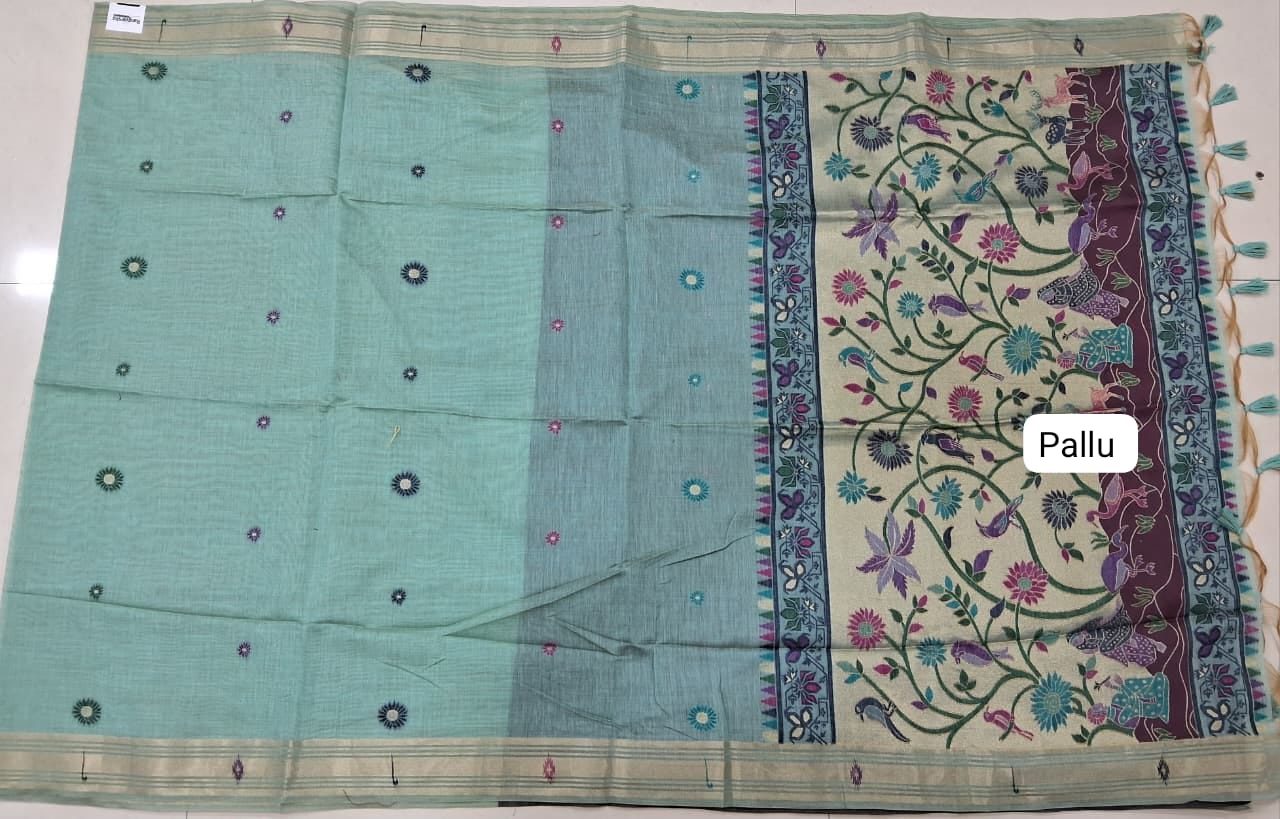 Marine Blue Munga Cotton Saree Pallu