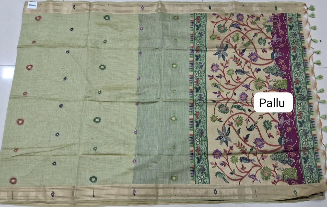 Pista Green Munga Cotton Saree  Pallu