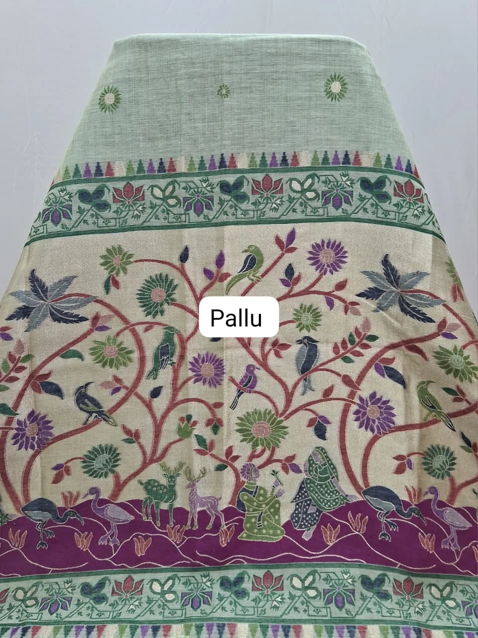 Pista Green Munga Cotton Saree Pallu