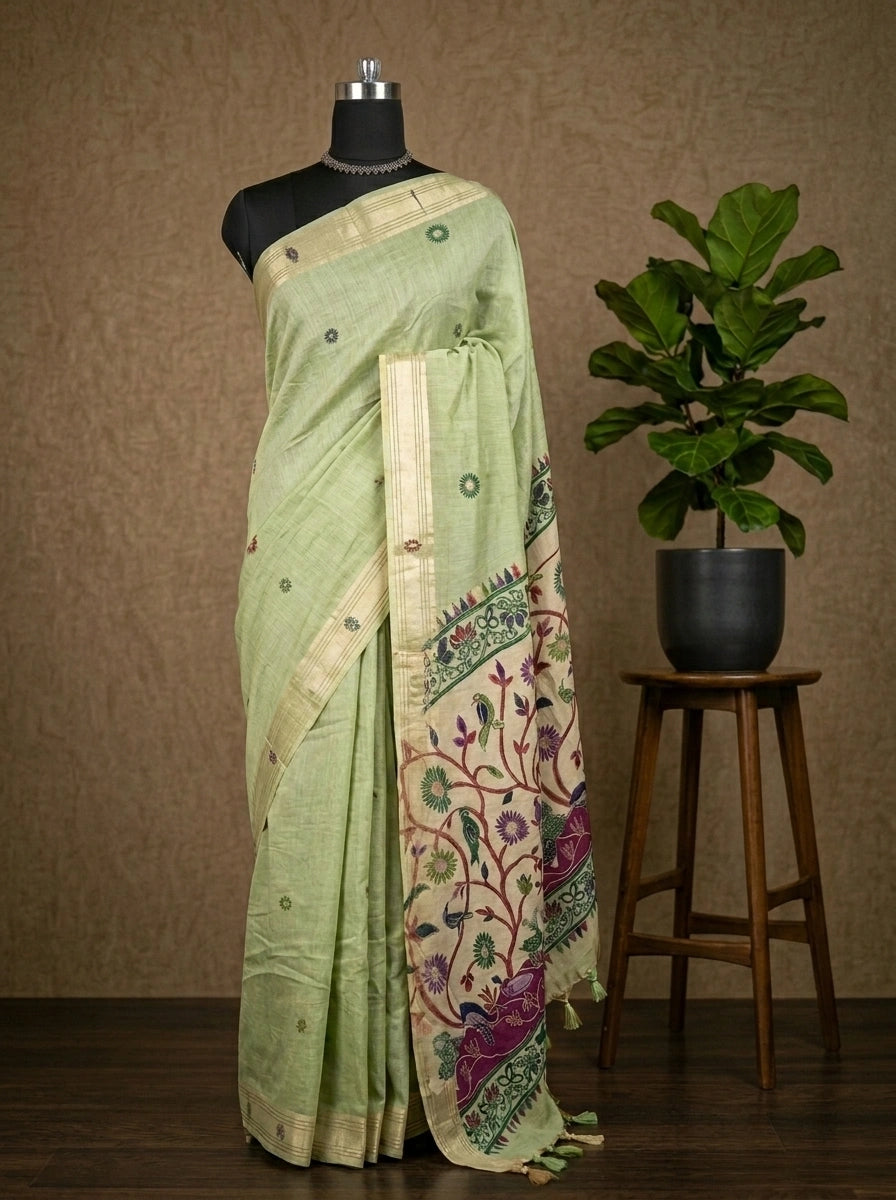Pista Green Munga Cotton Saree
