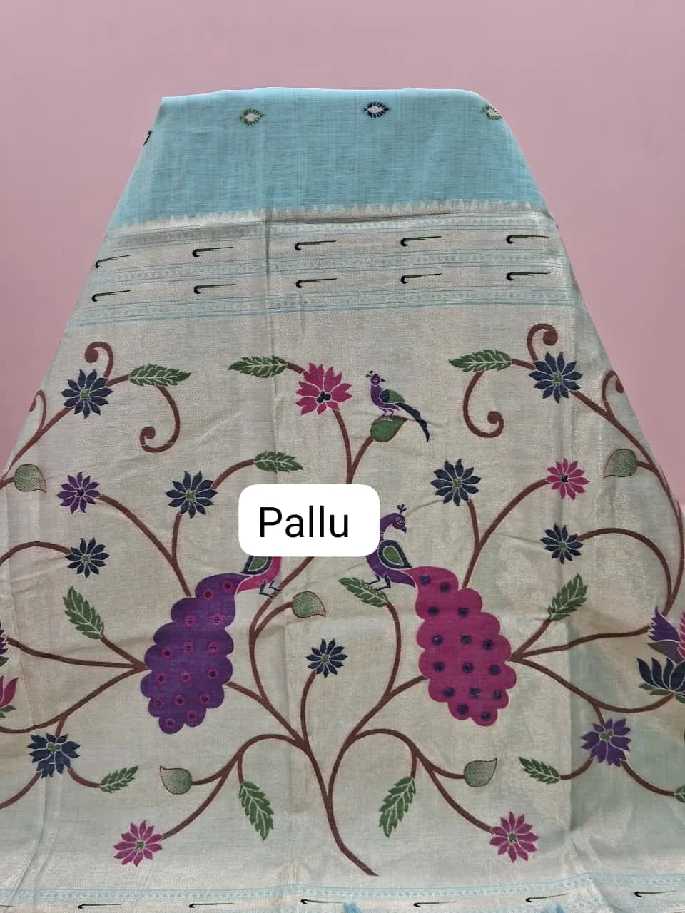 Marine Blue Munga Cotton Saree Pallu