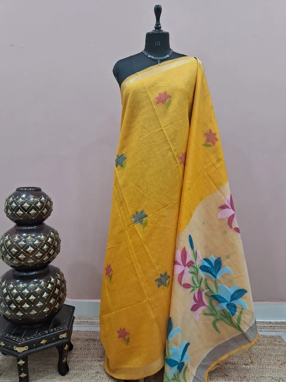 Yellow Munga Cotton Saree