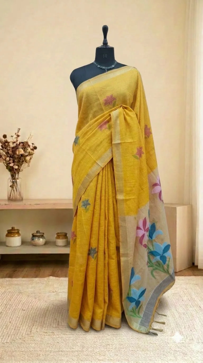 Yellow Munga Cotton Saree