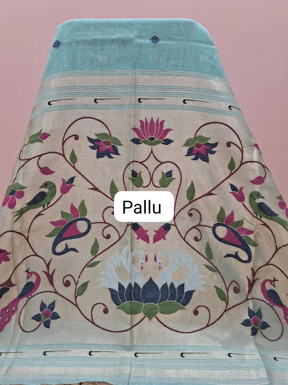 Marine Blue Munga Cotton Saree pallu