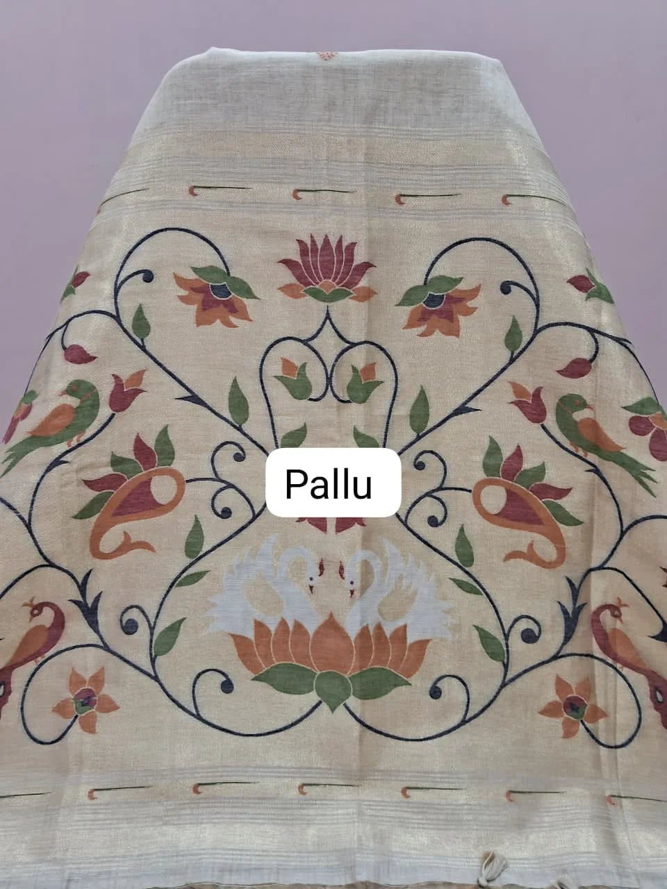 Beige Munga Cotton Saree pallu