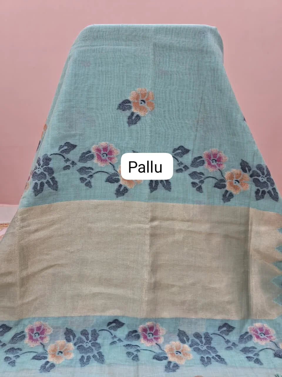 Marine Blue Munga Cotton Saree pallu
