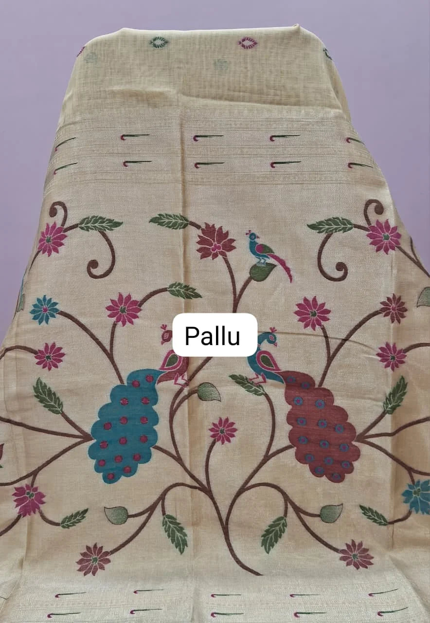 Light Yellow Pure Munga Cotton Saree pallu