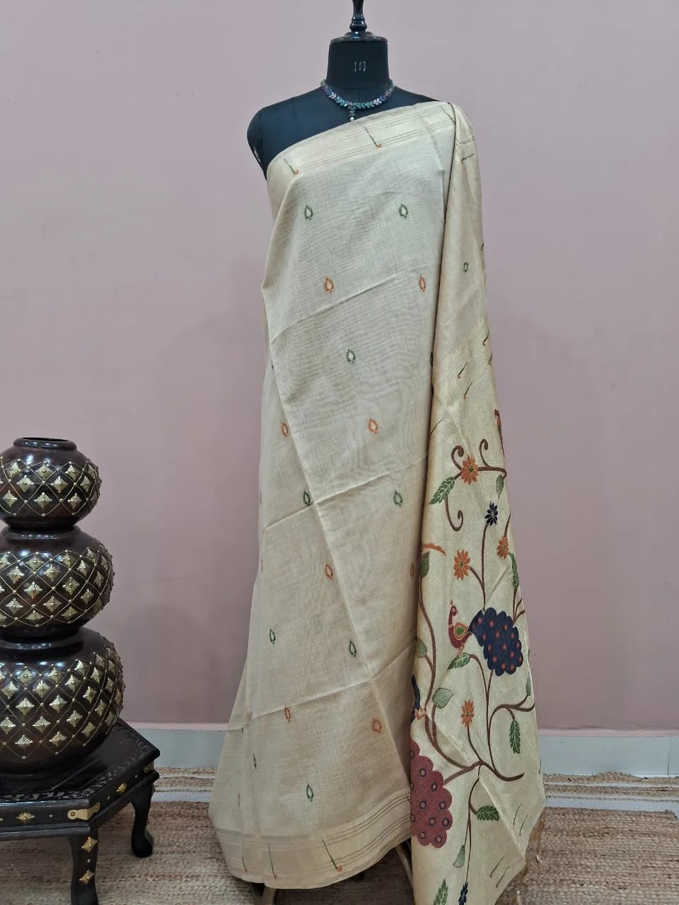 Beige Pure Munga Cotton Saree 
