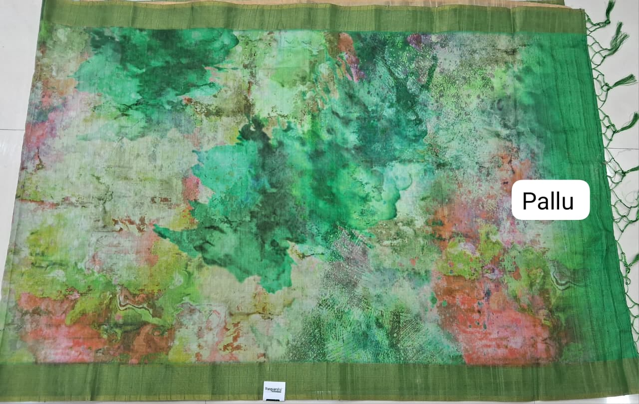 Green ,Dark Green and yellow digital printed Matka Silk Saree Pallu