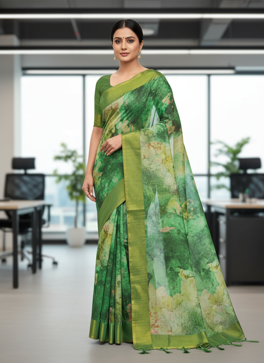 Green ,Dark Green and yellow digital printed Matka Silk Saree