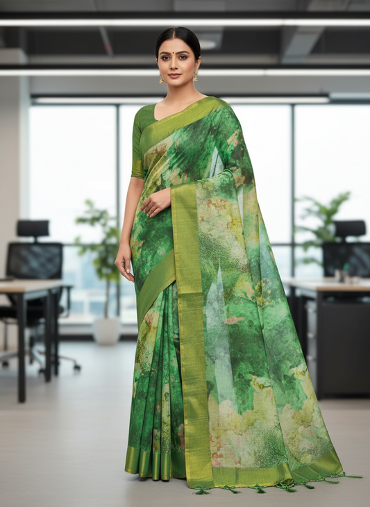 Green ,Dark Green and yellow digital printed Matka Silk Saree