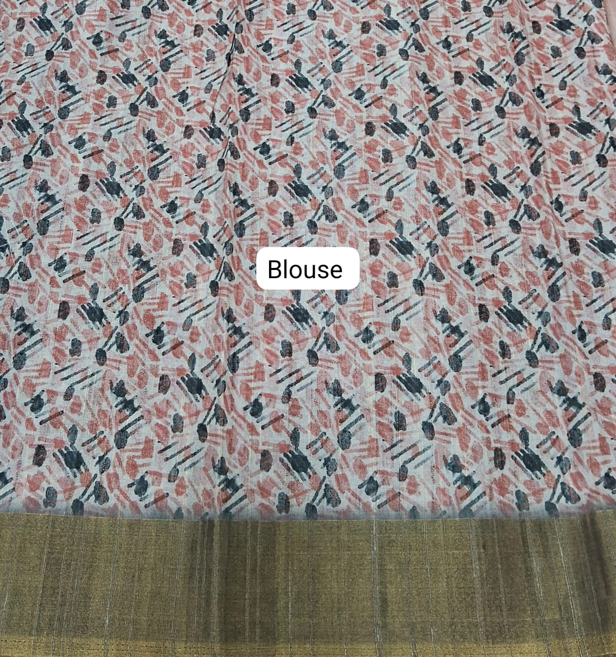 Dark Grey, Peach, and White digital printed Matka Silk Saree Blouse