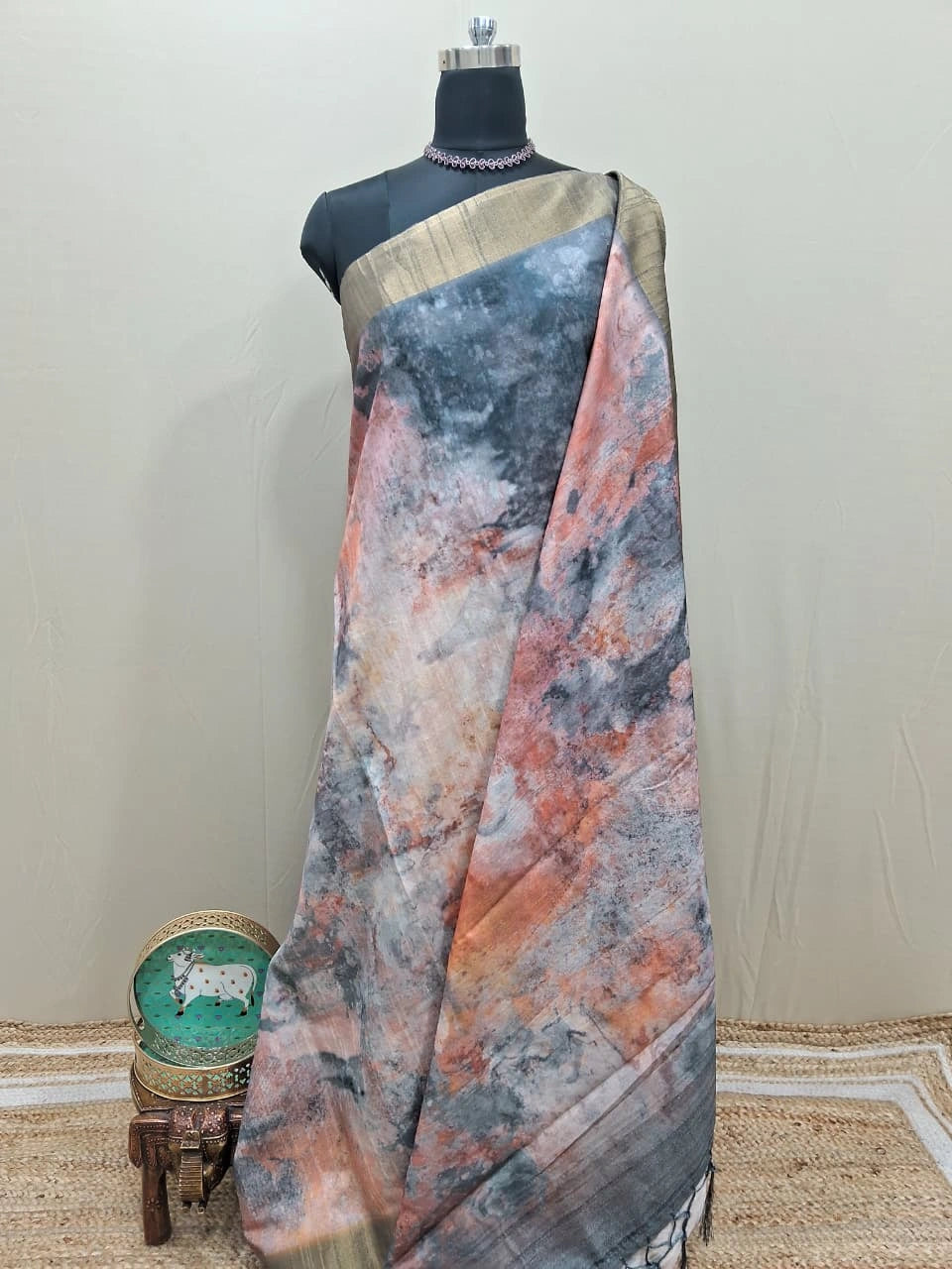 Dark Grey, Peach, and White digital printed Matka Silk Saree