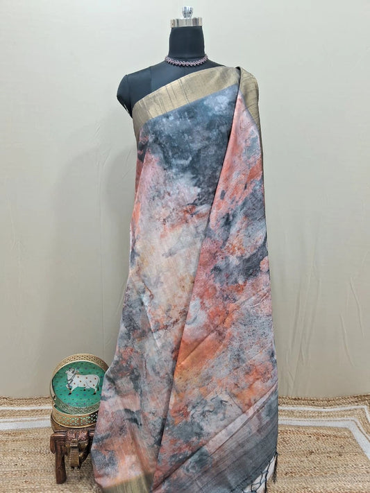 Dark Grey, Peach, and White digital printed Matka Silk Saree