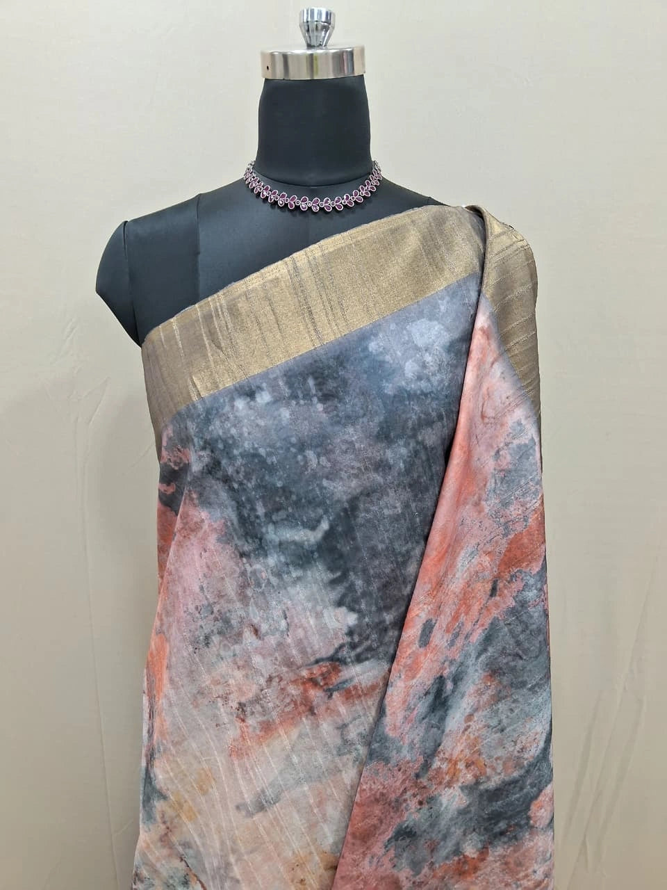 Dark Grey, Peach, and White digital printed Matka Silk Saree 1