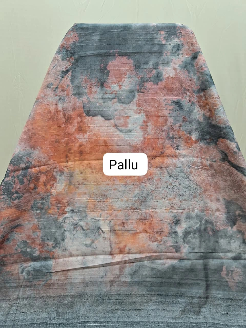 Dark Grey, Peach, and White digital printed Matka Silk Saree Pallu