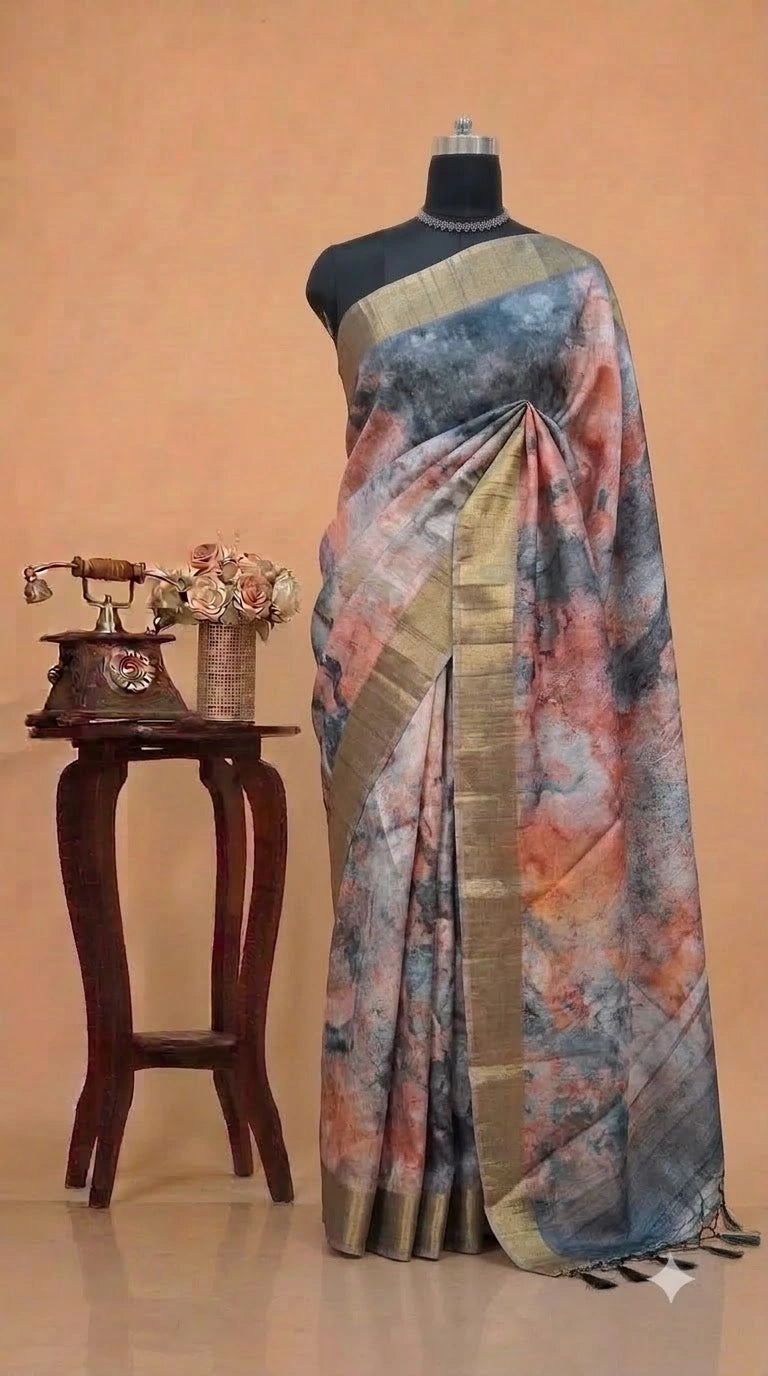 Dark Grey, Peach, and White digital printed Matka Silk Saree