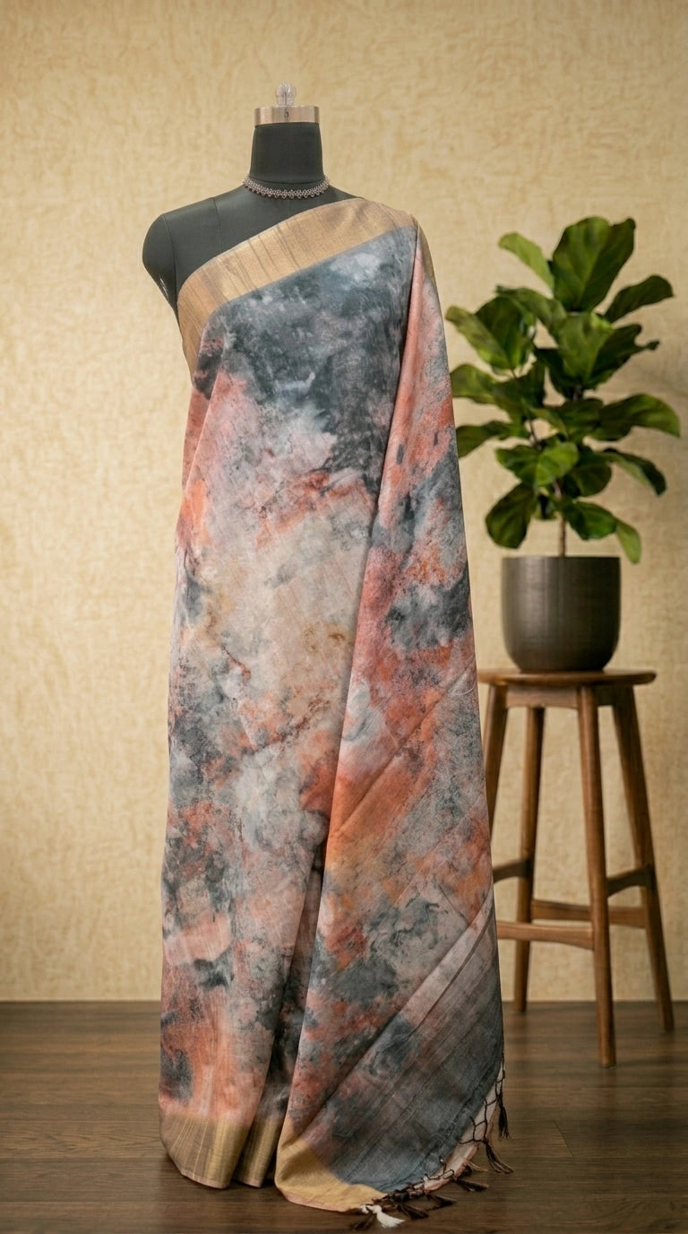 Dark Grey, Peach, and White digital printed Matka Silk Saree