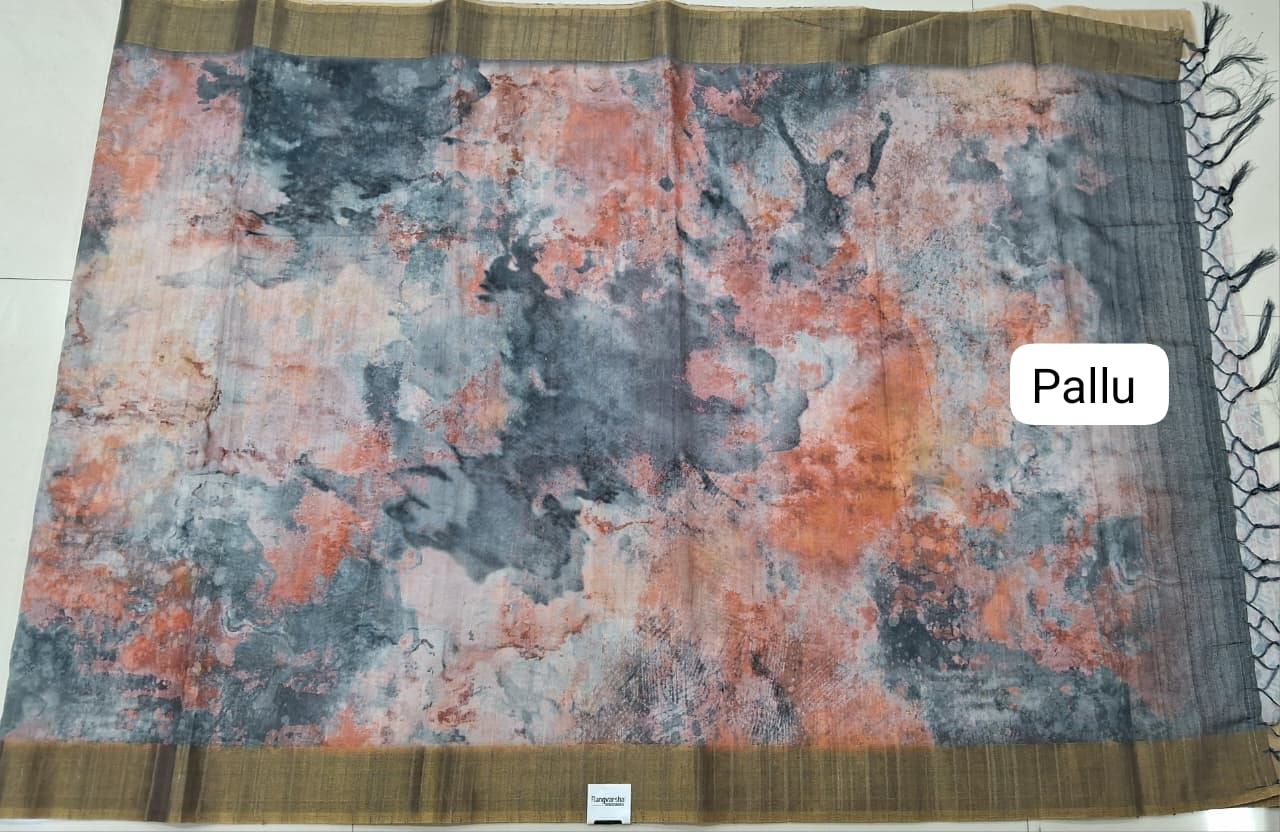 Dark Grey, Peach, and White digital printed Matka Silk Saree Pallu