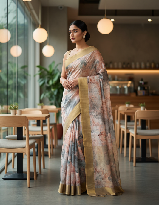 Dark Grey, Peach, and White digital printed Matka Silk Saree