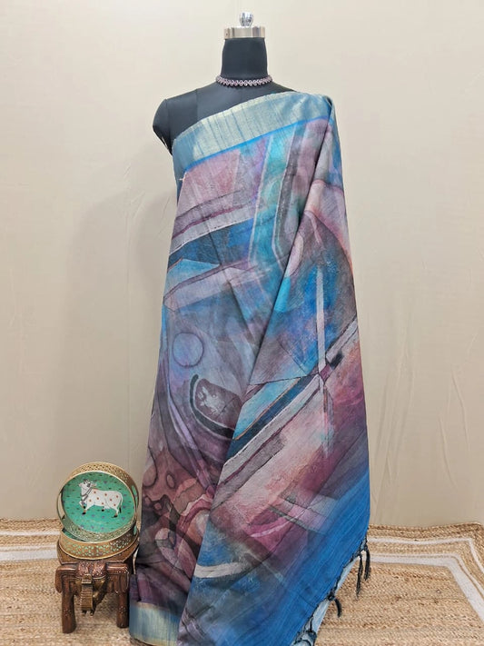Multicolour Digital Printed Matka Silk Saree