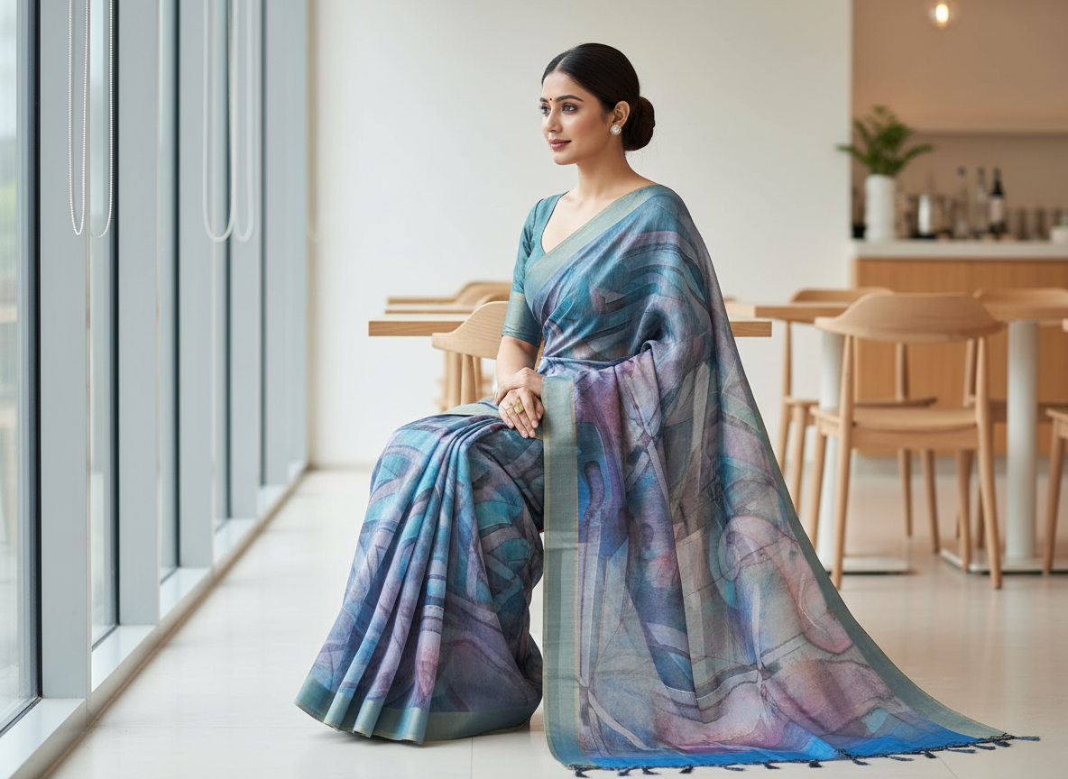 Multicolour Digital Printed Matka Silk Saree