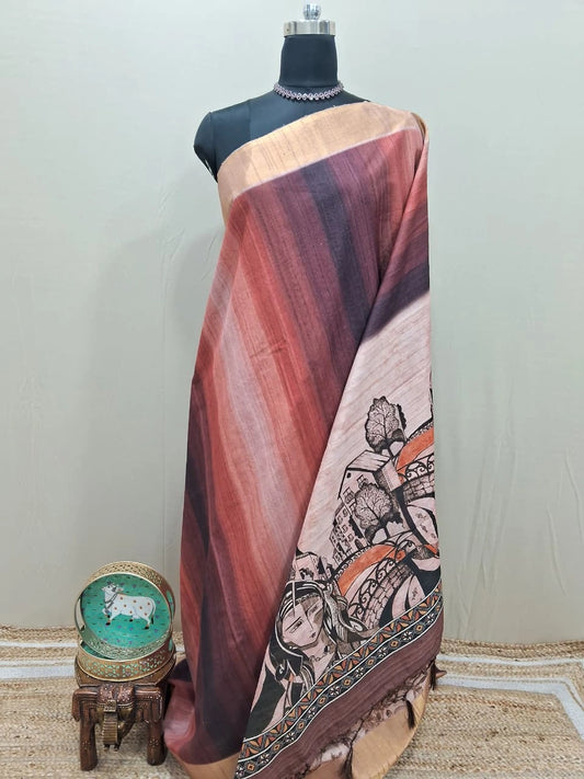 Peach, Brown, and Black Digital Printed Matka Silk Saree