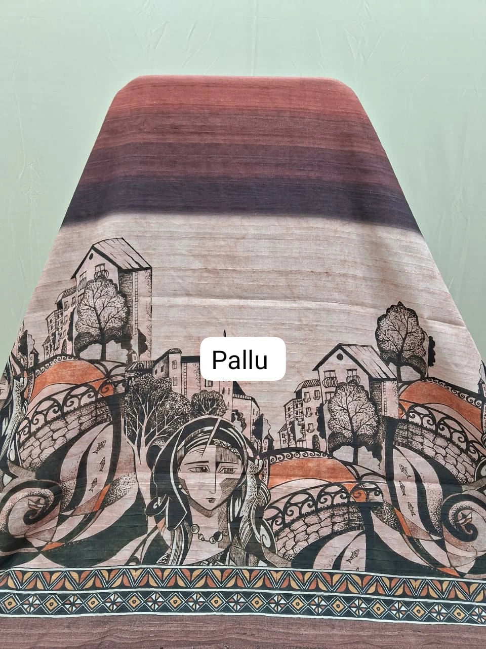 Peach, Brown, and Black Digital Printed Matka Silk Saree Pallu