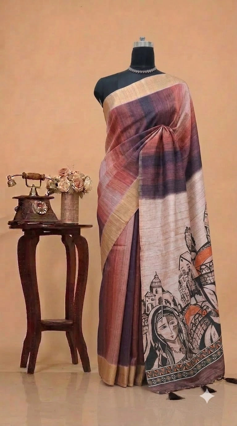 Peach, Brown and Black Digital Printed Matka Silk Saree