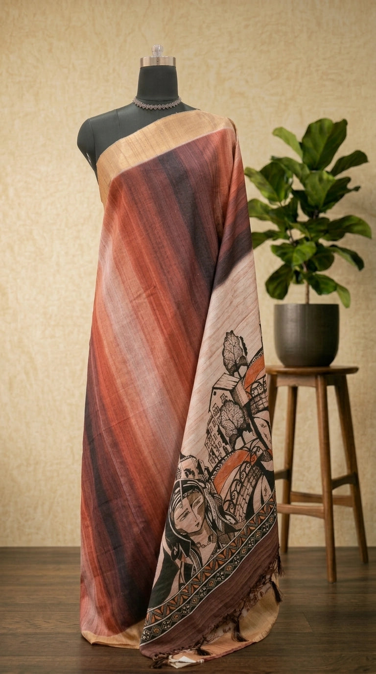 Peach, Brown and Black Digital Printed Matka Silk Saree