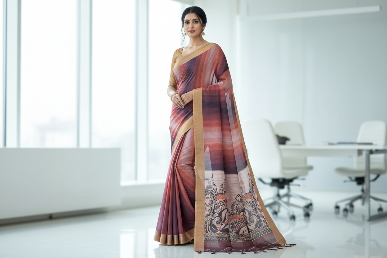 Peach, Brown, and Black Digital Printed Matka Silk Saree