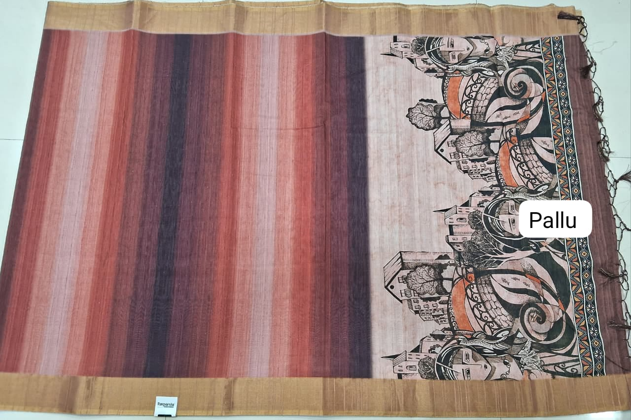 Peach, Brown, and Black Digital Printed Matka Silk Saree Pallu