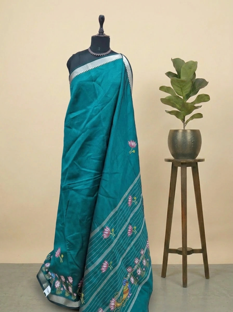 Teal Blue Mangalgiri Silk Saree