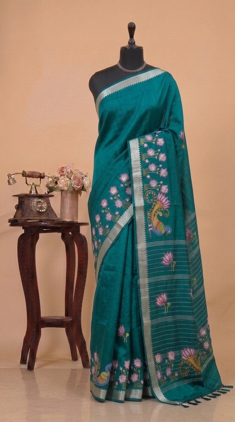 Teal Blue Mangalgiri Silk Saree
