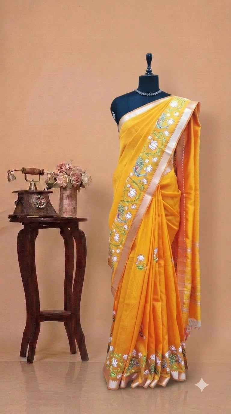 Yellow Mangalgiri Silk Saree