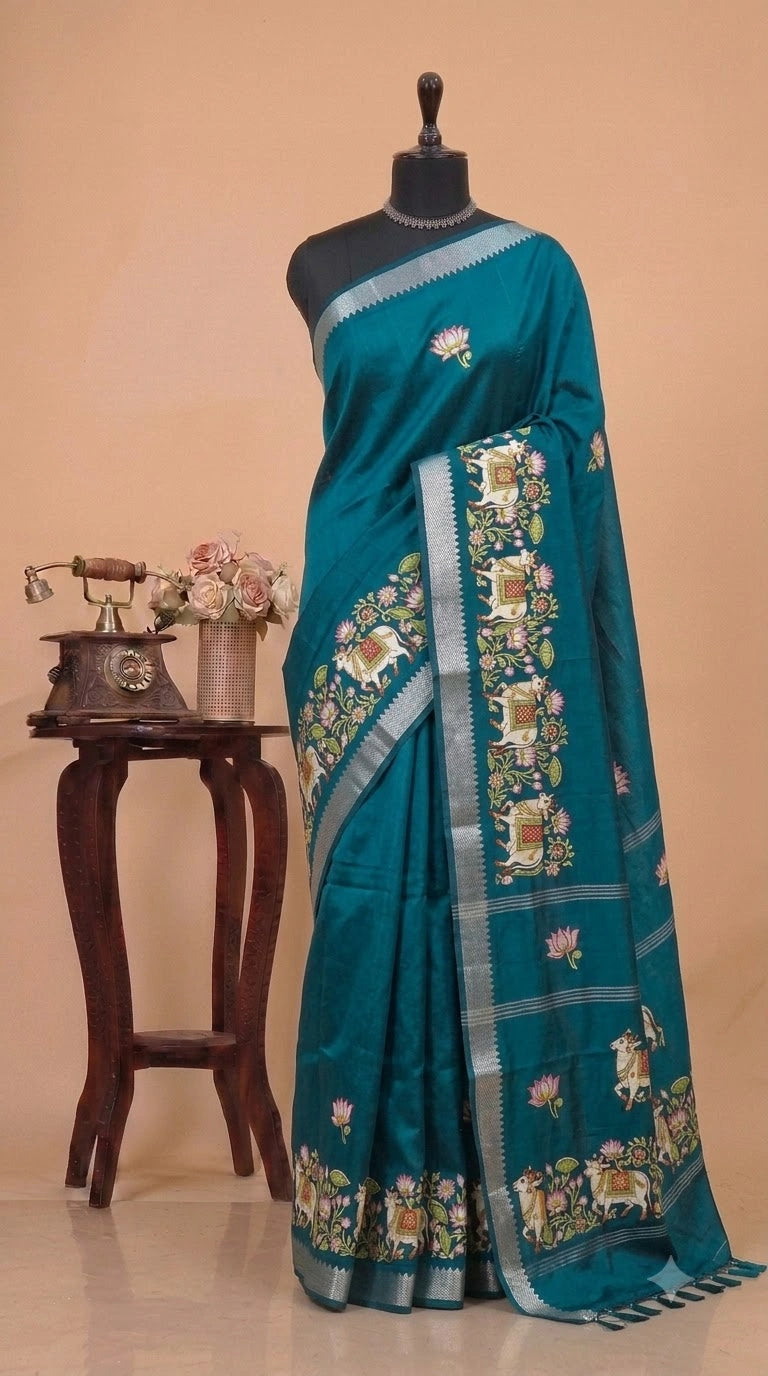 Dark Teal Blue Mangalgiri Silk Saree