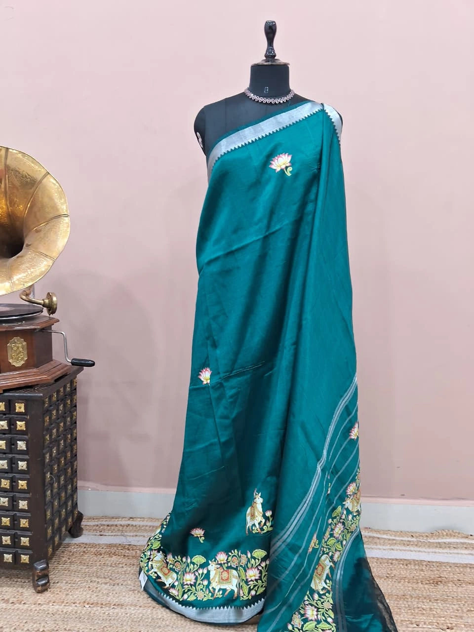 Dark Teal Blue Mangalgiri Silk Saree