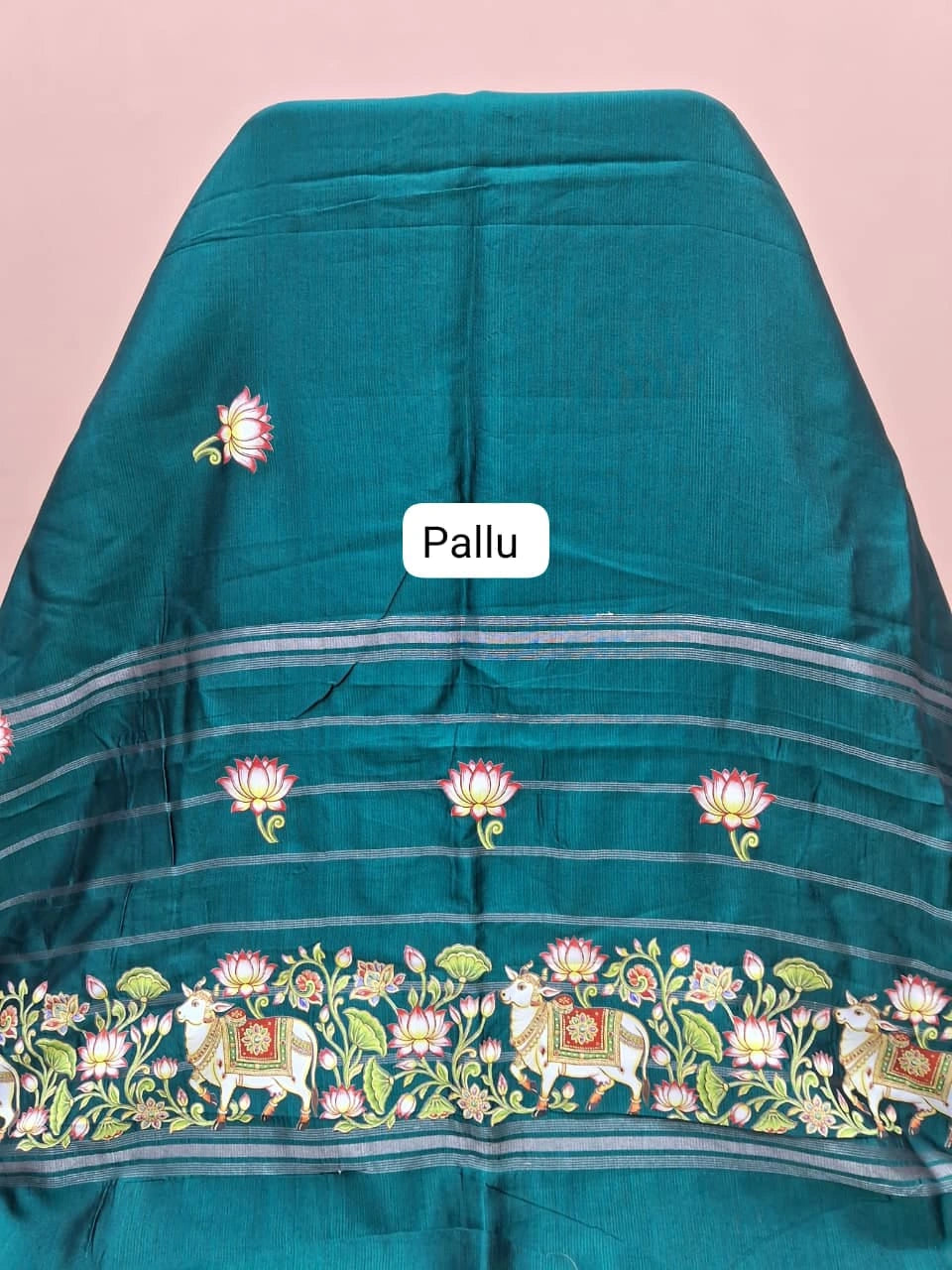 Dark Teal Blue Mangalgiri Silk Saree Pallu
