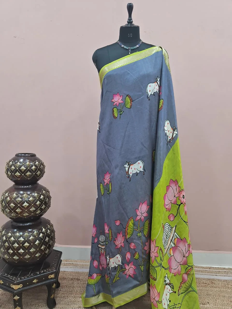 Elephant Grey Mangalgiri Silk Saree