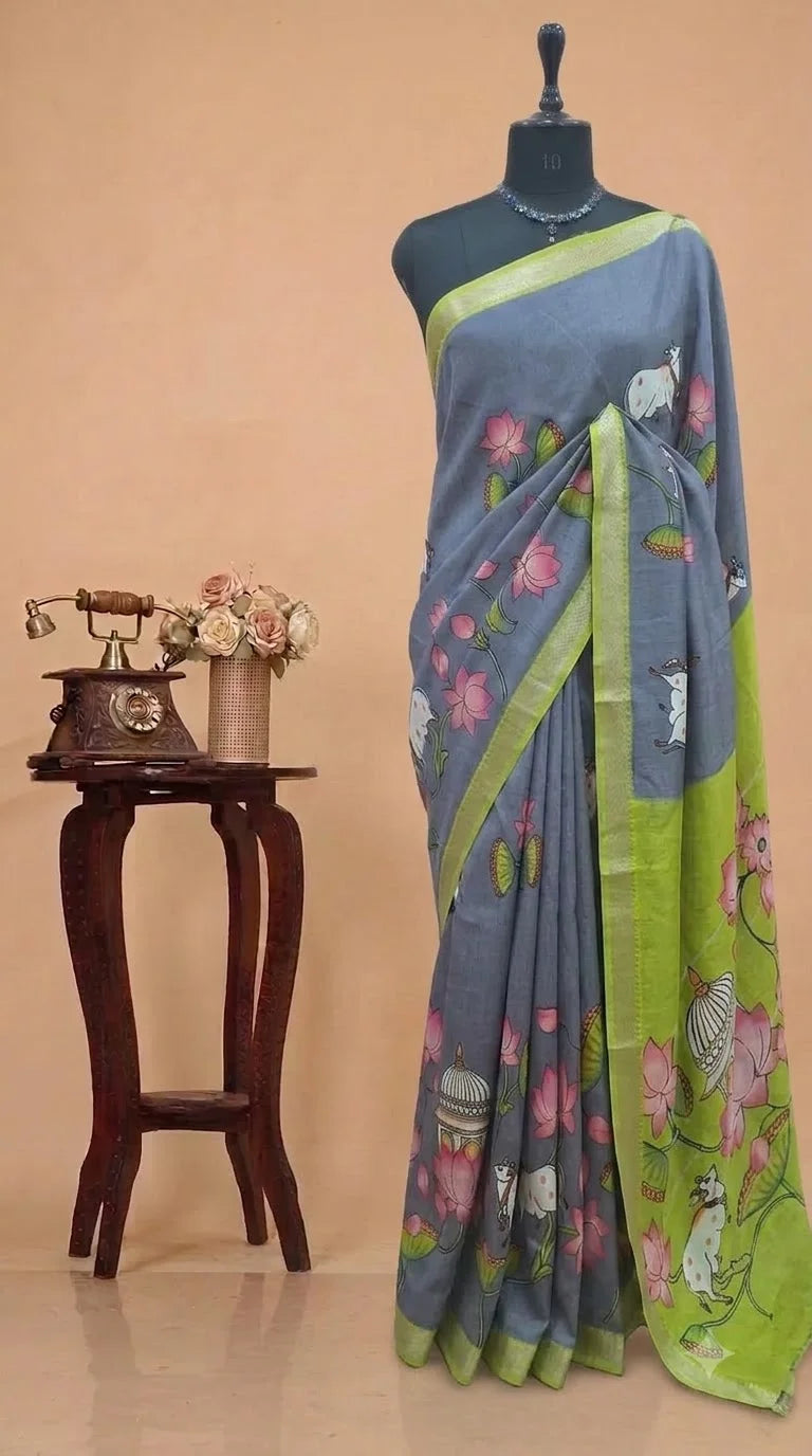 Elephant Grey Mangalgiri Silk Saree