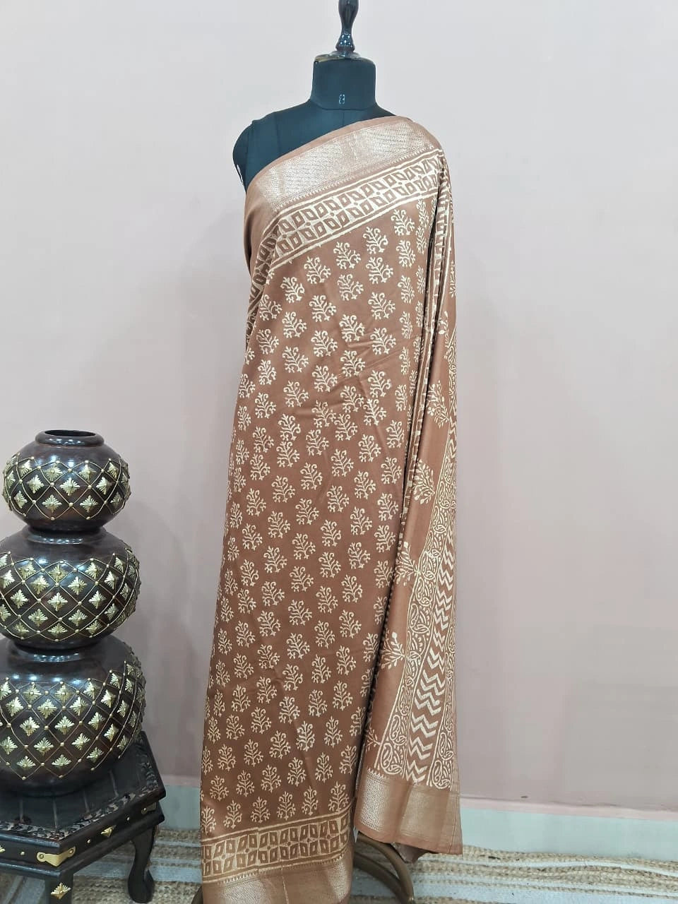 A brown Maheshwari silk saree 