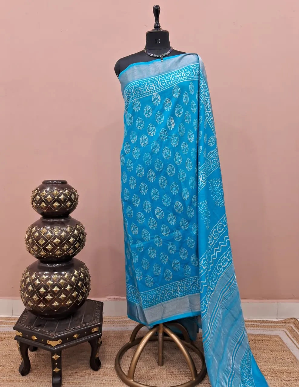 Sky Blue Maheshwari Silk Saree 