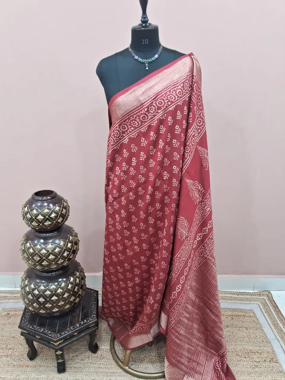 Rust Red Maheshwari Silk Saree 
