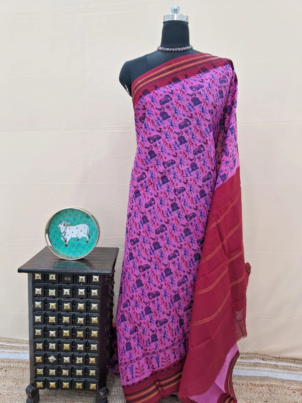 Dark Pink Sungudi Cotton Saree
